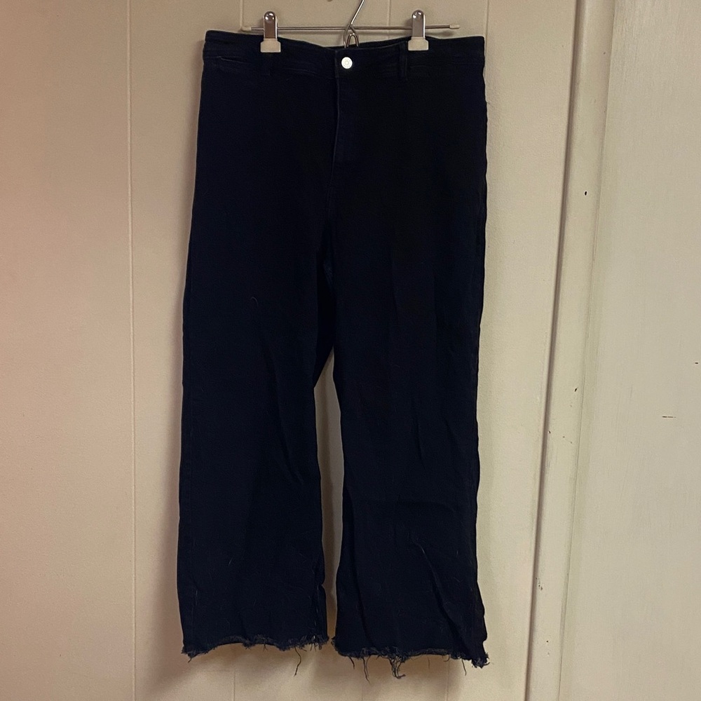 Mango Catherine Black Wide Leg Distressed Hem Jeans